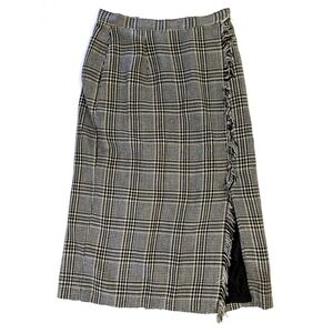 Vintage Claude Glen Plaid Fringe Midi Skirt Black Tan Check Made in USA 13/14